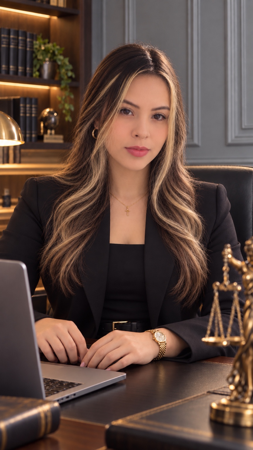 Liseth Miranda con traje oscuro en una oficina, frente a su portátil