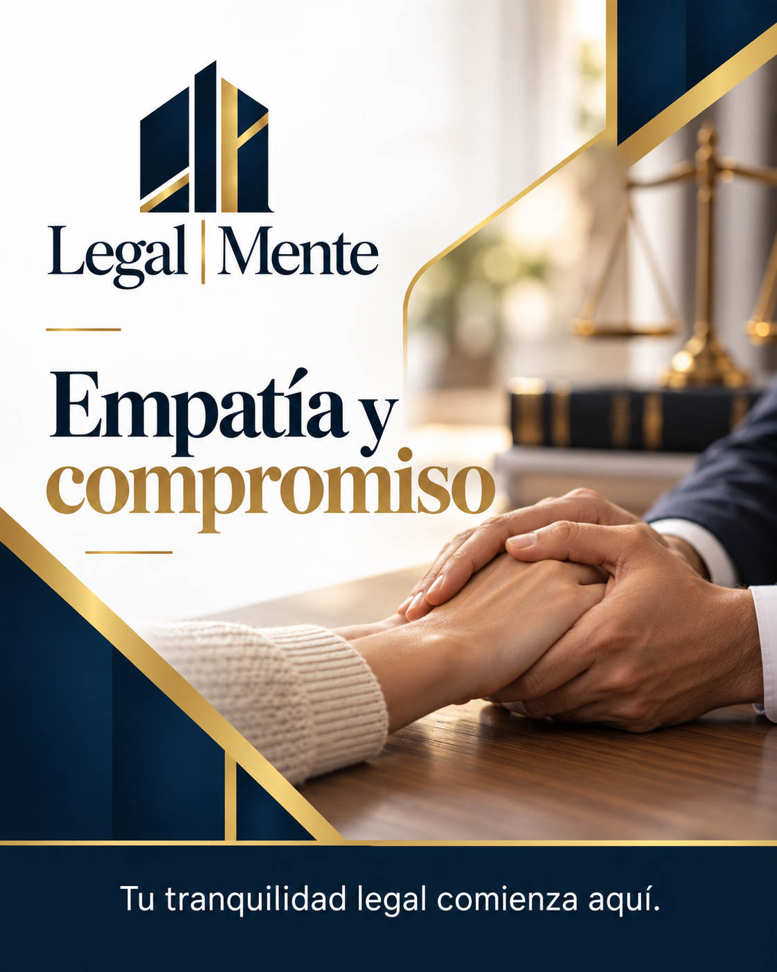 Legal | Mente. Empatía y compromiso. Una mano acompaña a otra, en una composición blanca, azul marino y dorada.