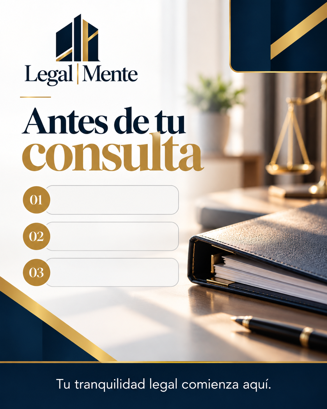 Legal | Mente. Antes de tu consulta. Carpeta de documentos y balanza, con detalles dorados.